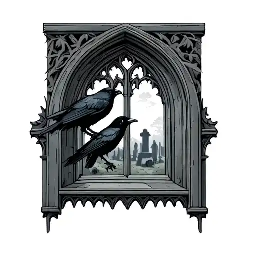 Gothic Church Window Looking Out To A Graveyard With Crow