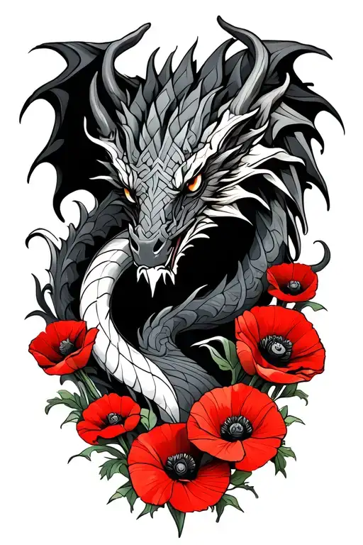 Celtic Dragon With Red Poppies Under