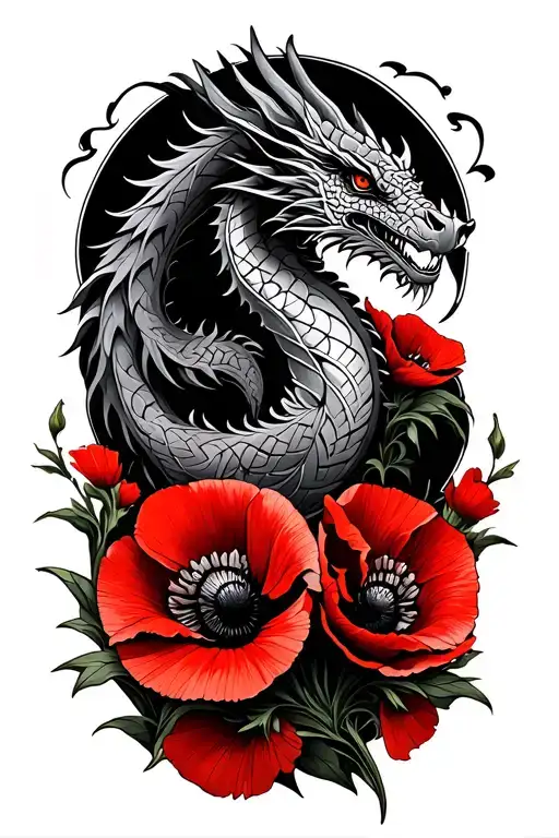 Celtic Dragon With Red Poppies Under