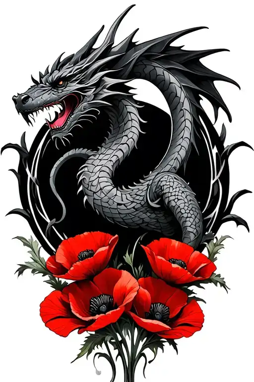 Celtic Dragon With Red Poppies Under