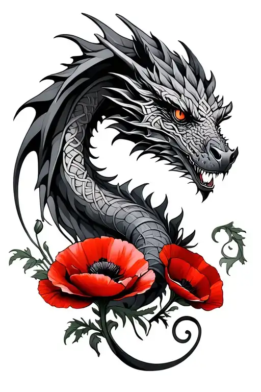 Celtic Dragon With Red Poppies Under