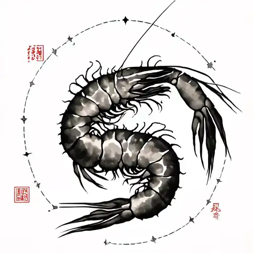 Chinese Brush Painting Of Two Shrimps Superimposed On The Shape Of A Gemini Constellation