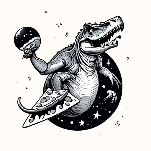 Dinasour Eating Pizza In Outer Space Themed
