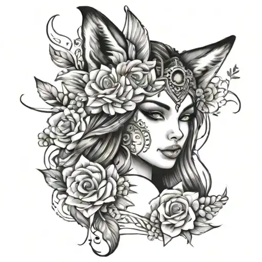 Sketch Of Black And White Tattoo Of A Girl's Face In Chicano Style With Flowers And A Fox