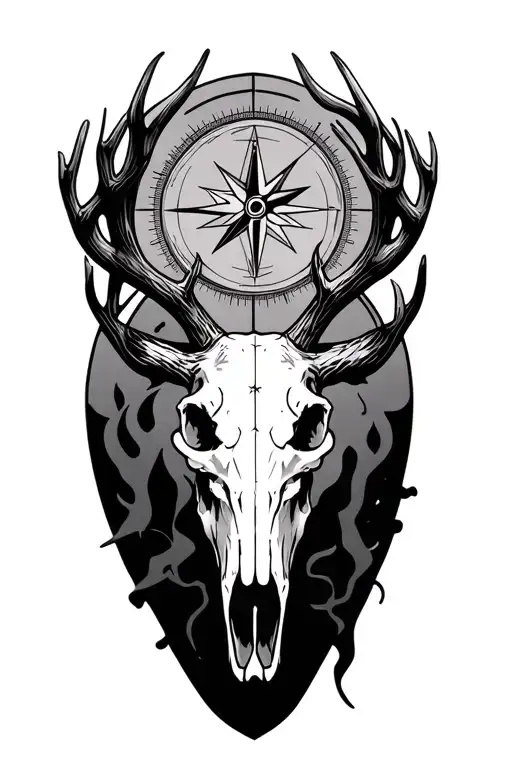Compass With Elk Skull With Antlers