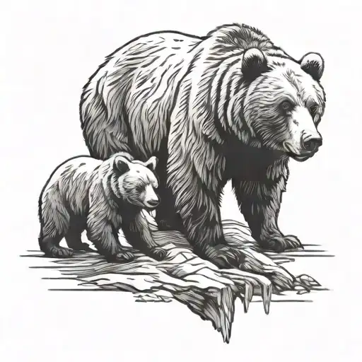 Mama Grizzly Bear With 2 Cubs Protecting Her Cubs