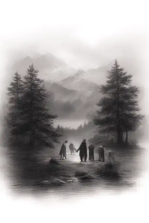 Family Off 5 Silluette By Lake With Pine Trees And Mountain In Background