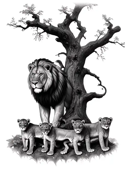 Lion Family Tree 2 Big Lions And Man And Women With The 3 Baby Cub Lions
