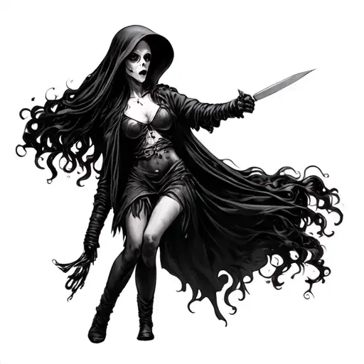Girl Grim Reaper Holding Another Girl By Knife Point