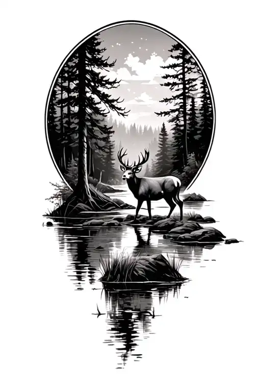 Forest Setting With Buck Standing By Pond