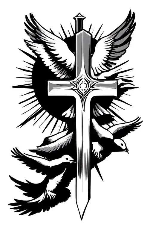 Cross Tattoo With Doves Flying With A Sword Piercing And Sun In The Background