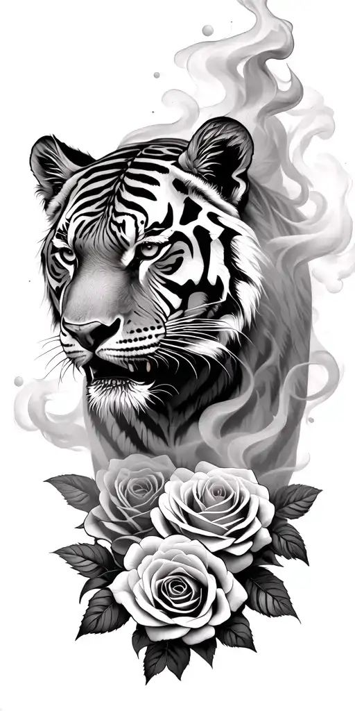 Tiger Head From Side View Surrounded By Smoke On A Bed Of Roses