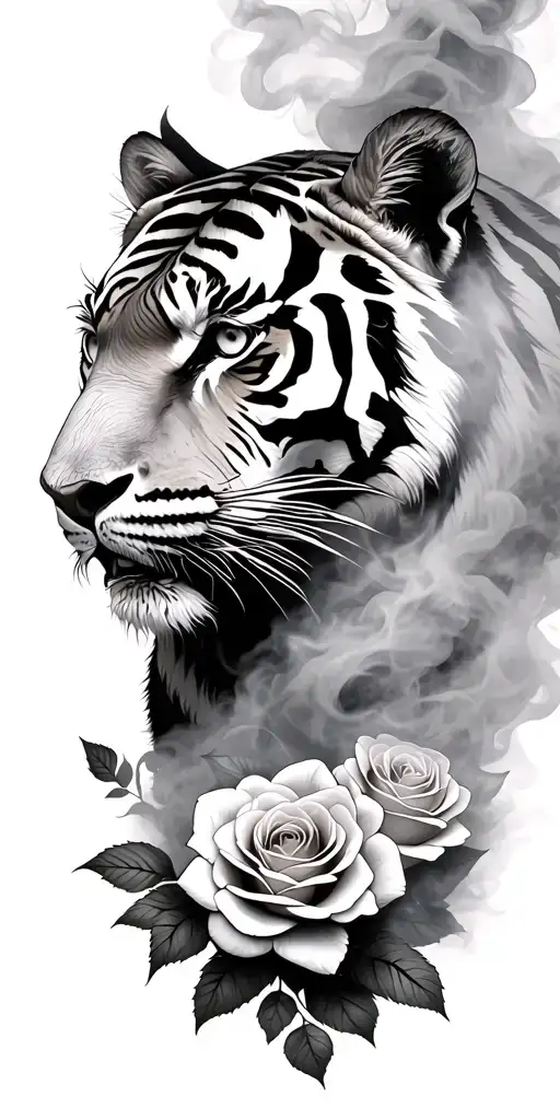 Tiger Head From Side View Surrounded By Smoke Fog Multiple Roses At Base