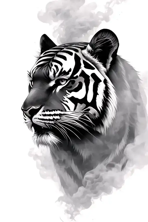 Tiger Head From Side View Surrounded By Smoke Fog