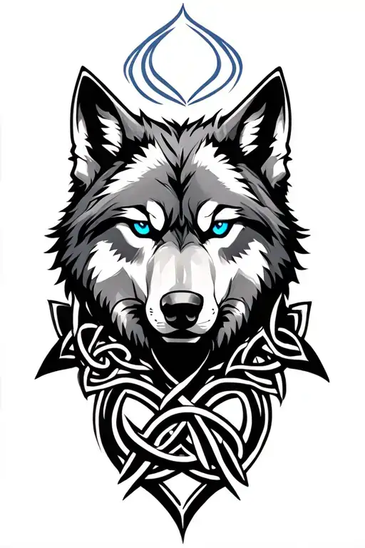 Wolf With Blue Eyes On Armor Tattoo Design Featuring Celtic Trinity Knot