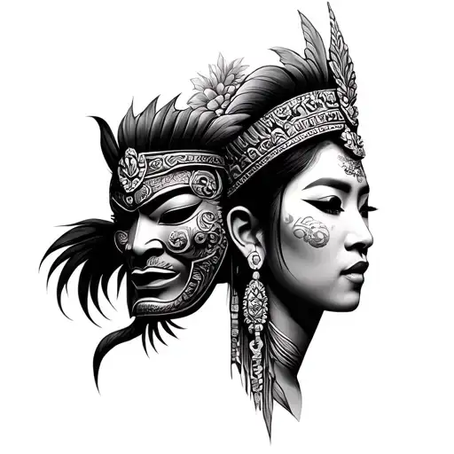 Balinese Dancer Merging With A Balinese Warrior Mask