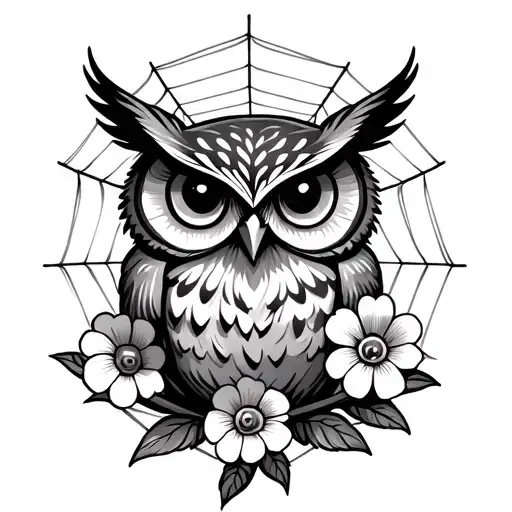Owl With 3 Flowers And A Spider Web Behind It