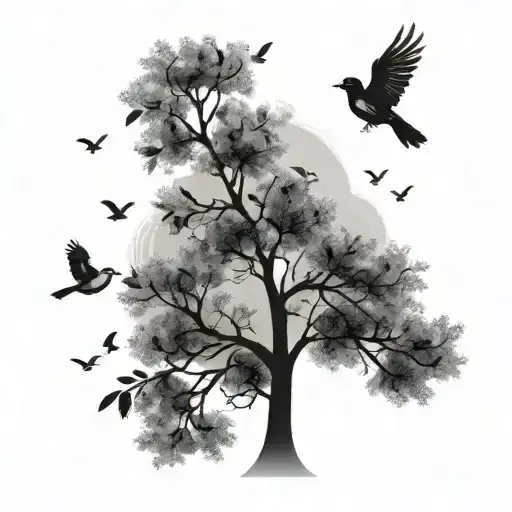 Tree With Birds Flying