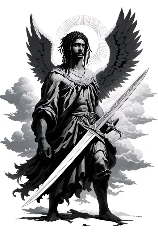 An Angel With Dreads Holding A Swords With The Sun Behind Him And Clouds Surrounding