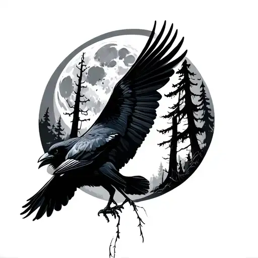 Crow Flying Across The Forest And It Is Full Moon