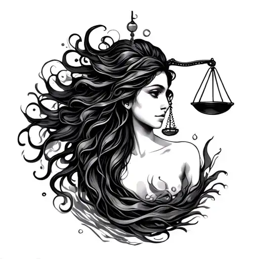 Libra Scale Aquarius Waves Flowing Hair Swimming Gracefully In The Deep