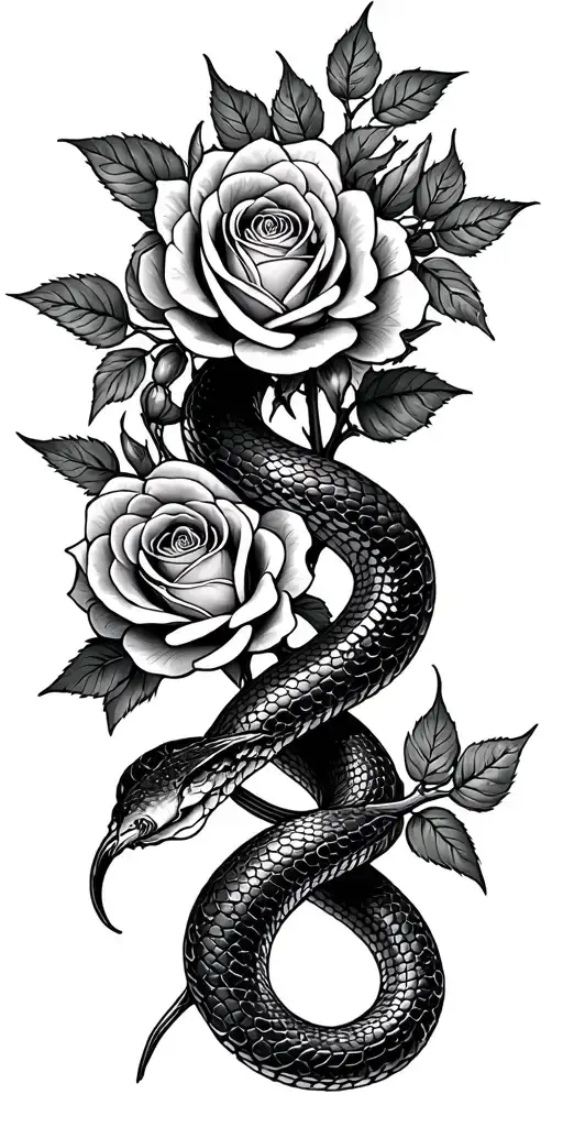 Snake Wrapped With Roses Blooming And The Thorns Wrap
