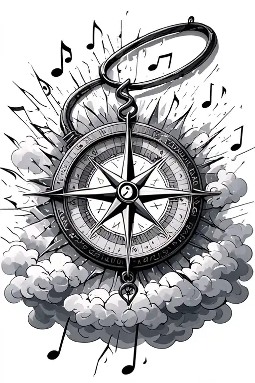 Shattered Compass Surrounded By Musical Notes And Clouds