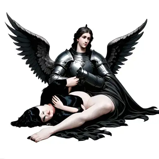 An Angel Laying Down Holding A Small Black Dog While Knight Angel Watches Over