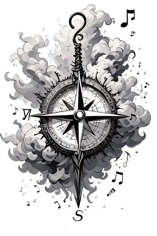 Shattered Compass Surrounded By Smoke Clouds And Music Notes