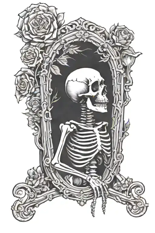 Black Work Skeleton With Coffin Surrounded