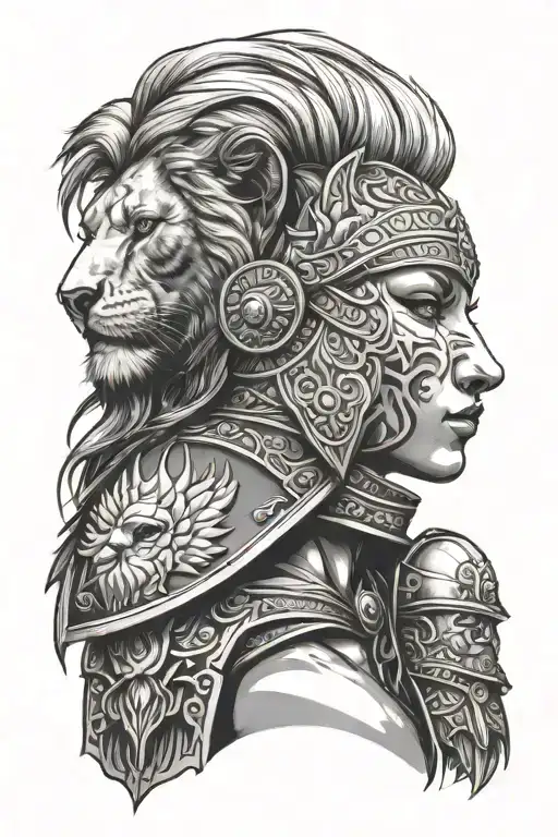 Female Warrior With Lion Head Profile Holding