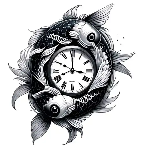 Koi Fish Around Clock Face Surrounded