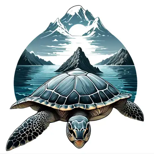 Mountain And Sea Turtle Swimming