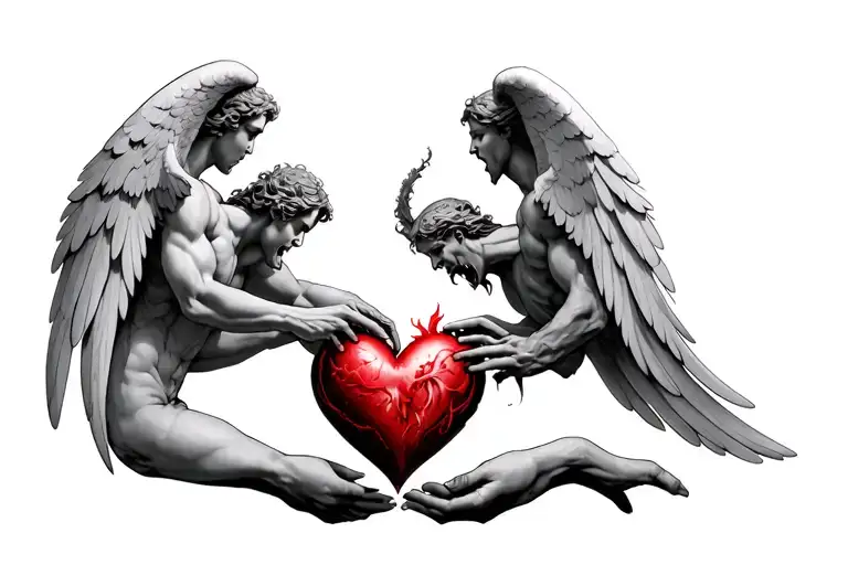 Angels Pulling Heart Away From Demons On The Bottom Of The Arm Showing Good Vs Evil