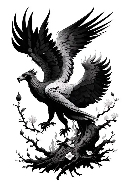 Phoenix Rising From The Ashes With Leo Zodiac Sign And Blossom Tree
