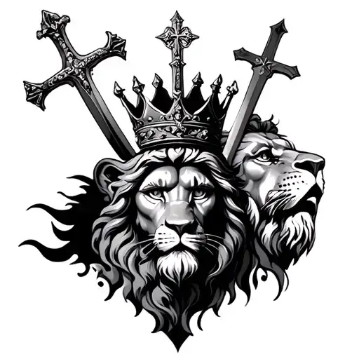 Lion And Jesus Christ With Crown With Cross In The Lions Eye And A Sword Spliting Both