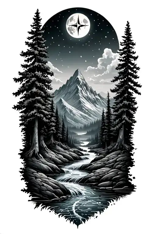 Forest With River Flowing And Mountain With Compass As The Moon In Background