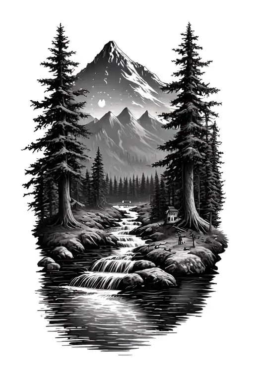 Forest With River Flowing And Mountain And Clock In Background