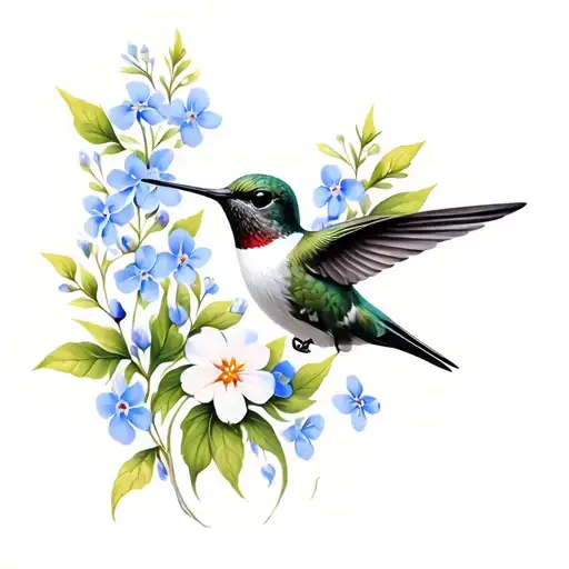 Humming Bird With Forget Me Not Flowers