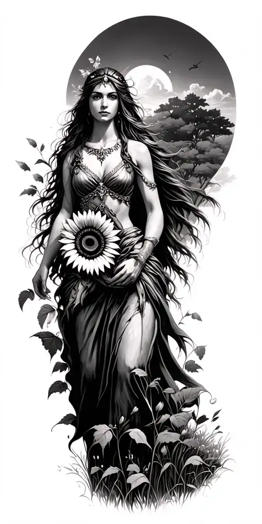 Freya The Goddess Of Love And Beauty Wandering Through A Meadow Of Elm Trees Carrying A Sunflower