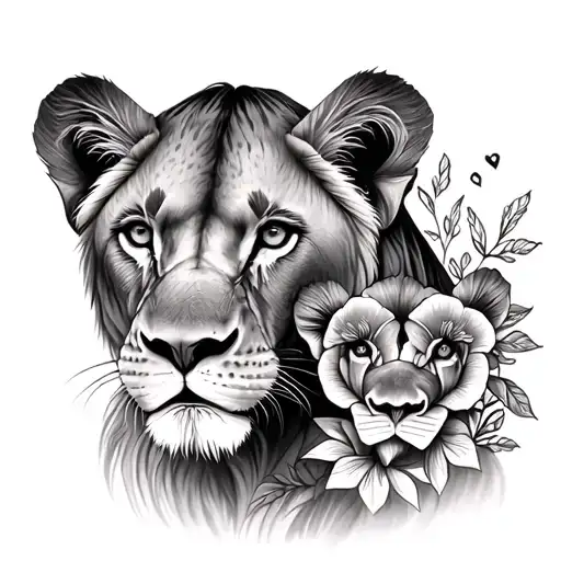 Lioness With Baby Lion Flowers