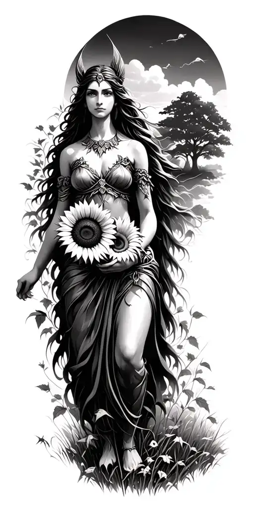 Freya The Goddess Of Love And Beauty Wandering Through A Meadow Of Elm Trees Carrying A Sunflower