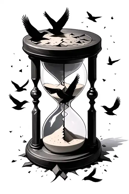 A Broken Hourglass That Has Sand Inside And Crows Flying From The Broken Opening And Upwards