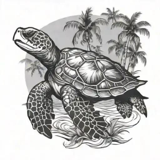Sea Turtle And Palm Trees Background Looking