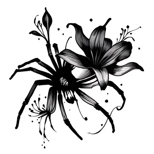Black Ink Flow Work With Spider Lily And Black Widow Silhouette