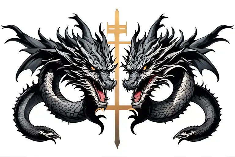 Dragon On The Left Side Cross On The Middle Snake On The Right Side