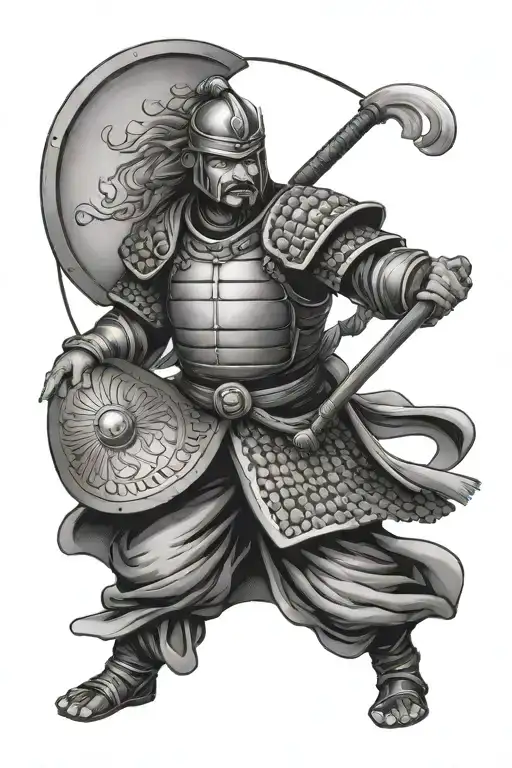 Japanese Warrior Wielding A Shield