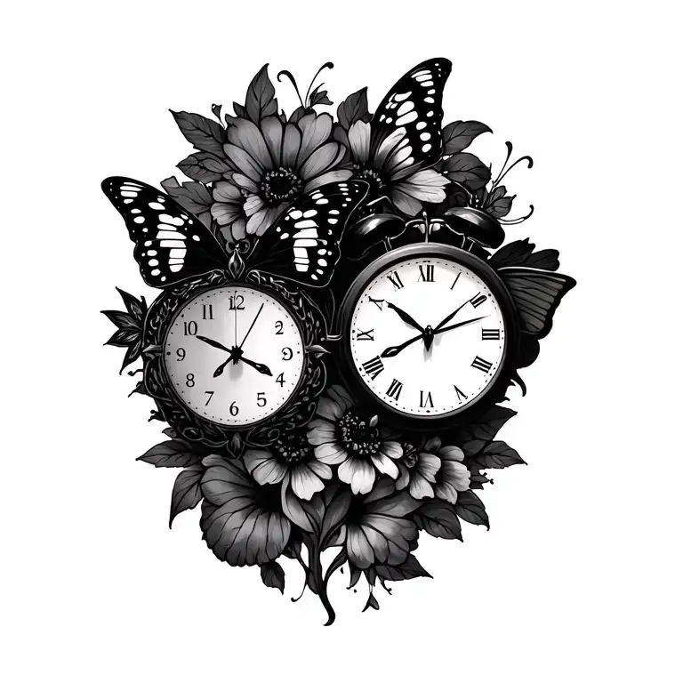 Butterfly And Clocks Side By Side