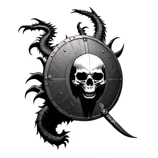 Dragon Skulls And Human Skulls On A Round Viking Shield