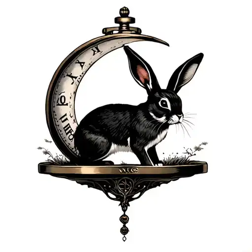 Tarot Card With A Rabbit Under A Moon That Looks Like A Pocket Watch
